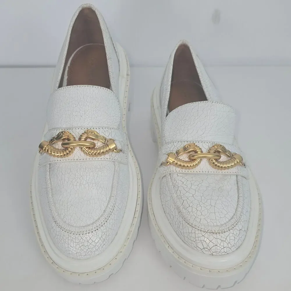 Tory Burch Jessa Lug Sole Loafer White Crackle Gold Tone Metal Horse Head Size 7